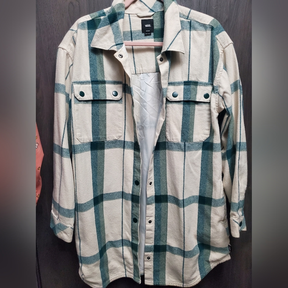 Vans Long Jacket Vans Plaid Jacket Vans Shacket Cream and Green Plaid